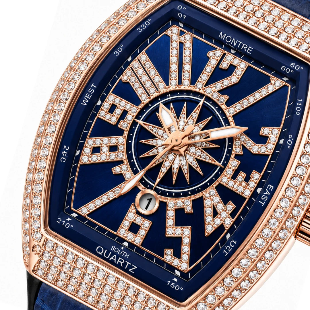 Frank Muller DENVOSI Luxury Tonneau Edition | Crystal Pave Bezel & Compass Dial Quartz Watch