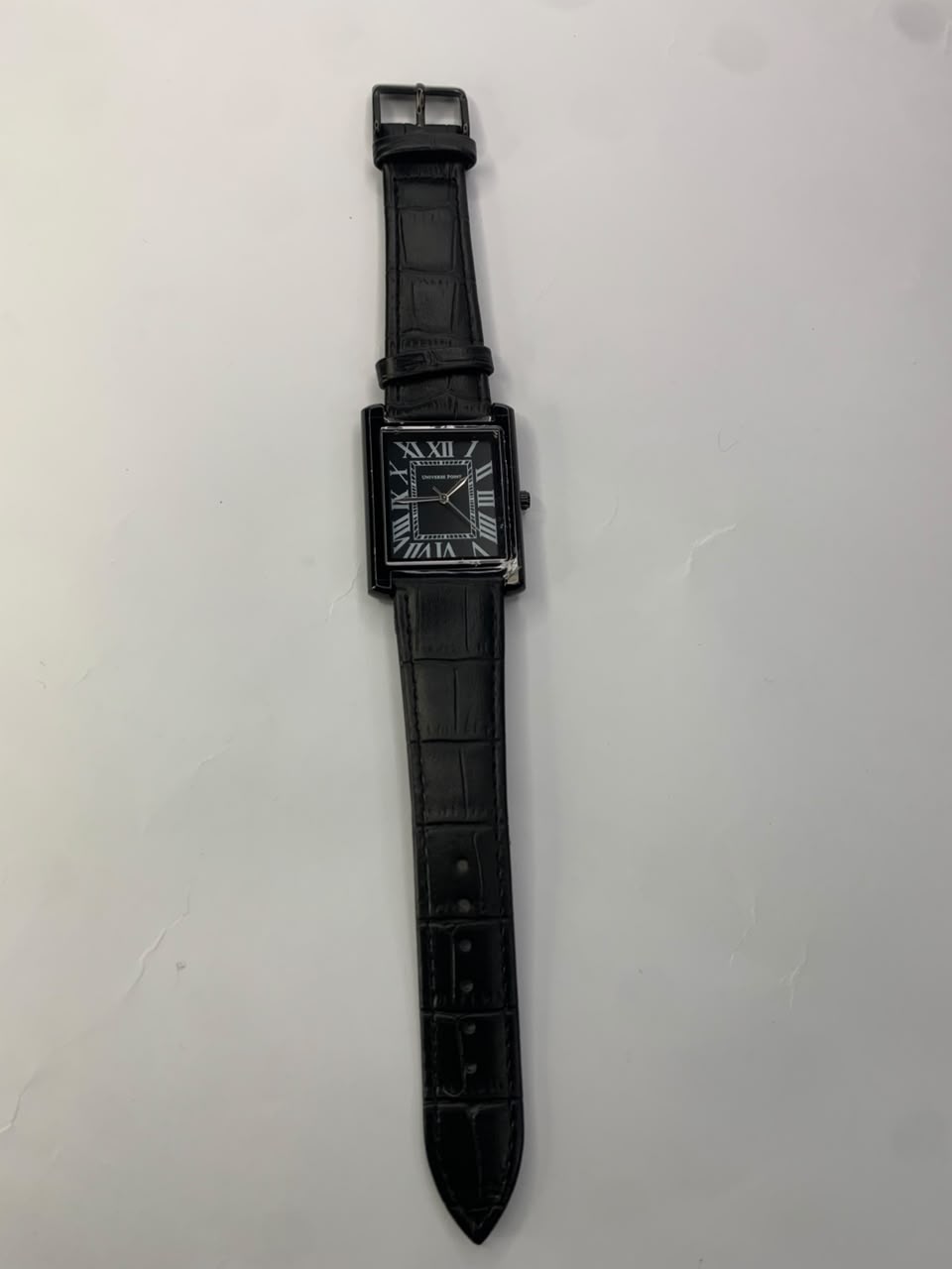Universe Point Luxury Black Tonneau Watch | Roman Numeral Dial & Leather Strap