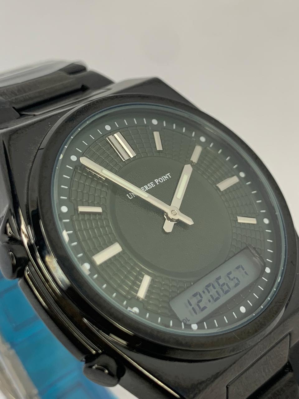 UNIVERSE POINT Tactical Dual Display Watch | All-Black Steel Strap & Dark Olive Dial