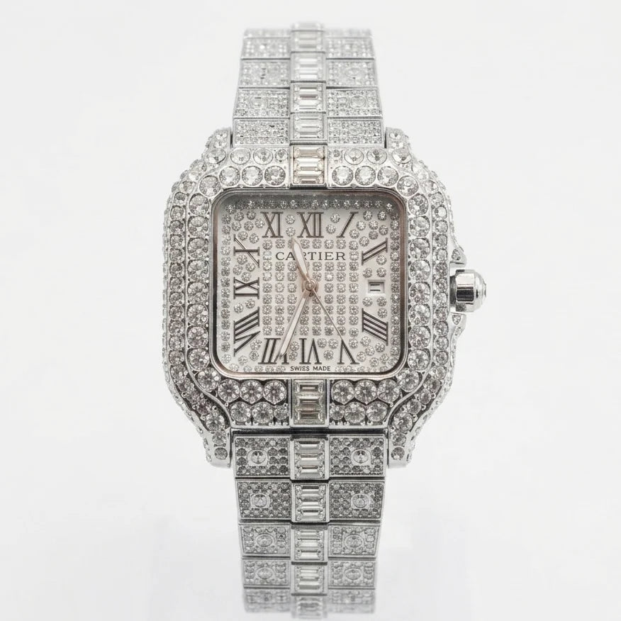 Cartier Santos Horizon Series | Pavé-Set Geometric Grandeur with Timeless Roman Dial (AWCM-00238)