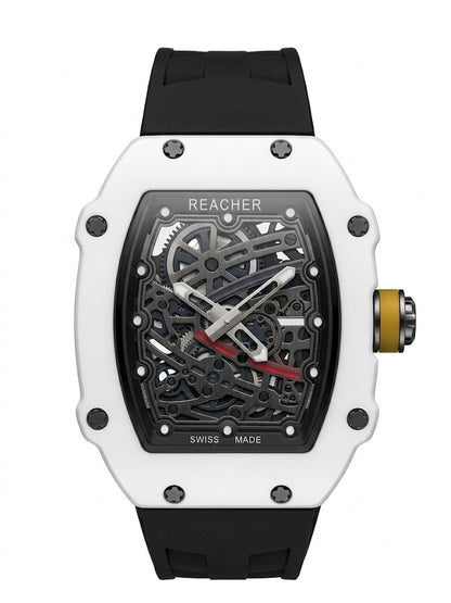 REACHER Luxury Sport | White Ceramic Skeleton Dial & Rubber Strap