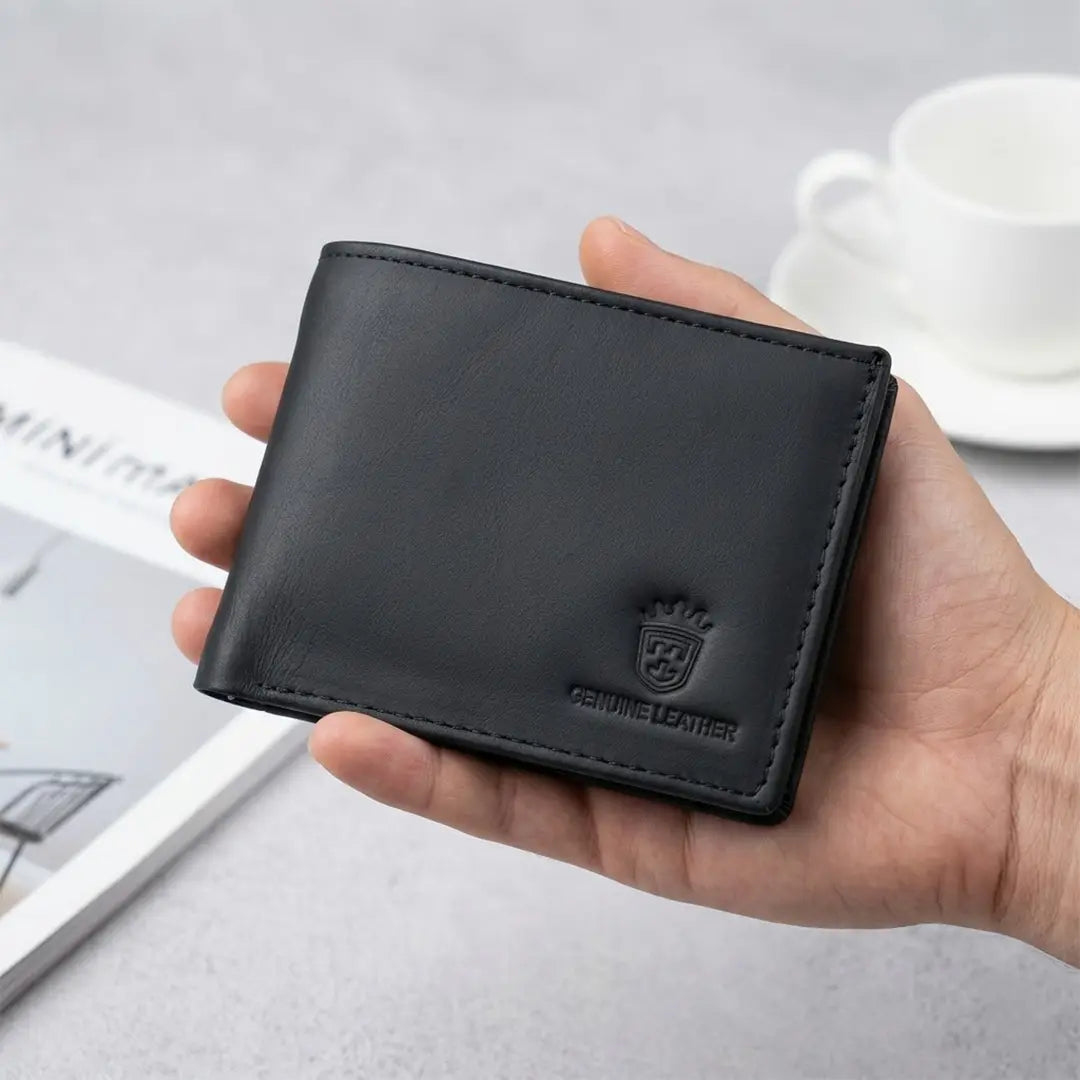 TIMAS Classic Black Leather Bifold Wallet