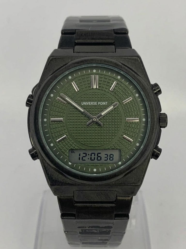 UNIVERSE POINT Tactical Dual Display Watch | All-Black Steel Strap & Dark Olive Dial