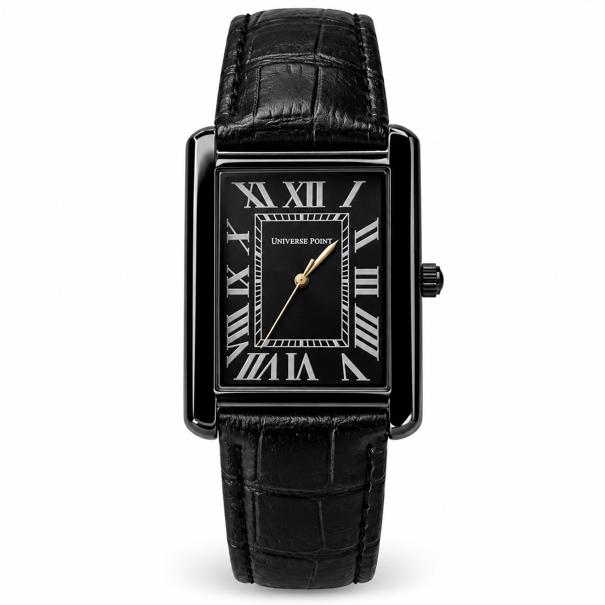 Universe Point Luxury Black Tonneau Watch | Roman Numeral Dial & Leather Strap