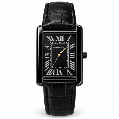 Universe Point Luxury Black Tonneau Watch | Roman Numeral Dial & Leather Strap