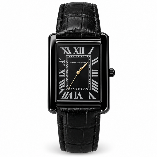 Universe Point Luxury Black Tonneau Watch | Roman Numeral Dial & Leather Strap