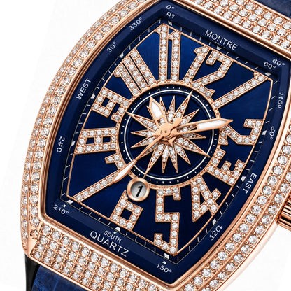Frank Muller DENVOSI Luxury Tonneau Edition | Crystal Pave Bezel & Compass Dial Quartz Watch