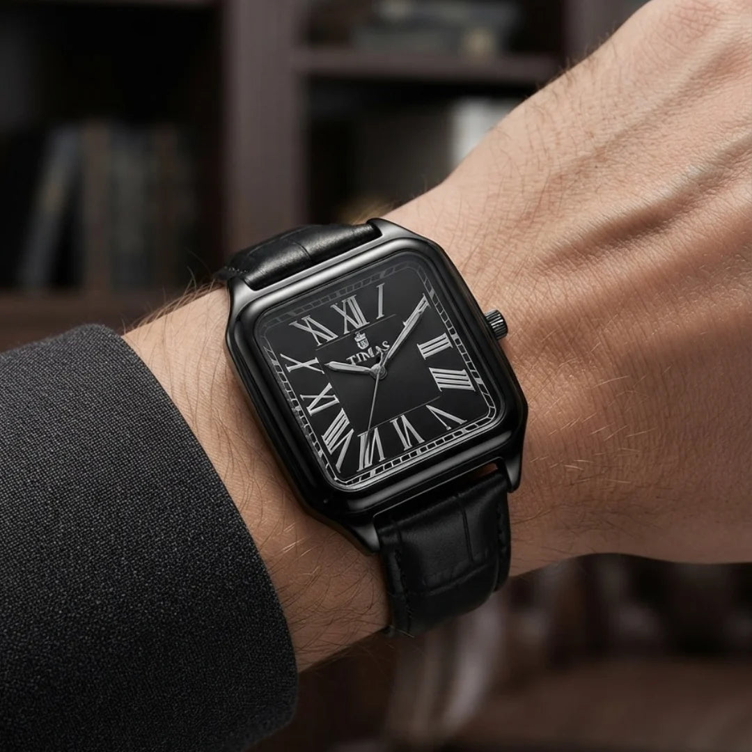 TIMAS Santos-Style Classic Edition | Square Bezel Leather Strap Quartz Watch