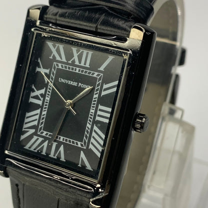 Universe Point Luxury Black Tonneau Watch | Roman Numeral Dial & Leather Strap
