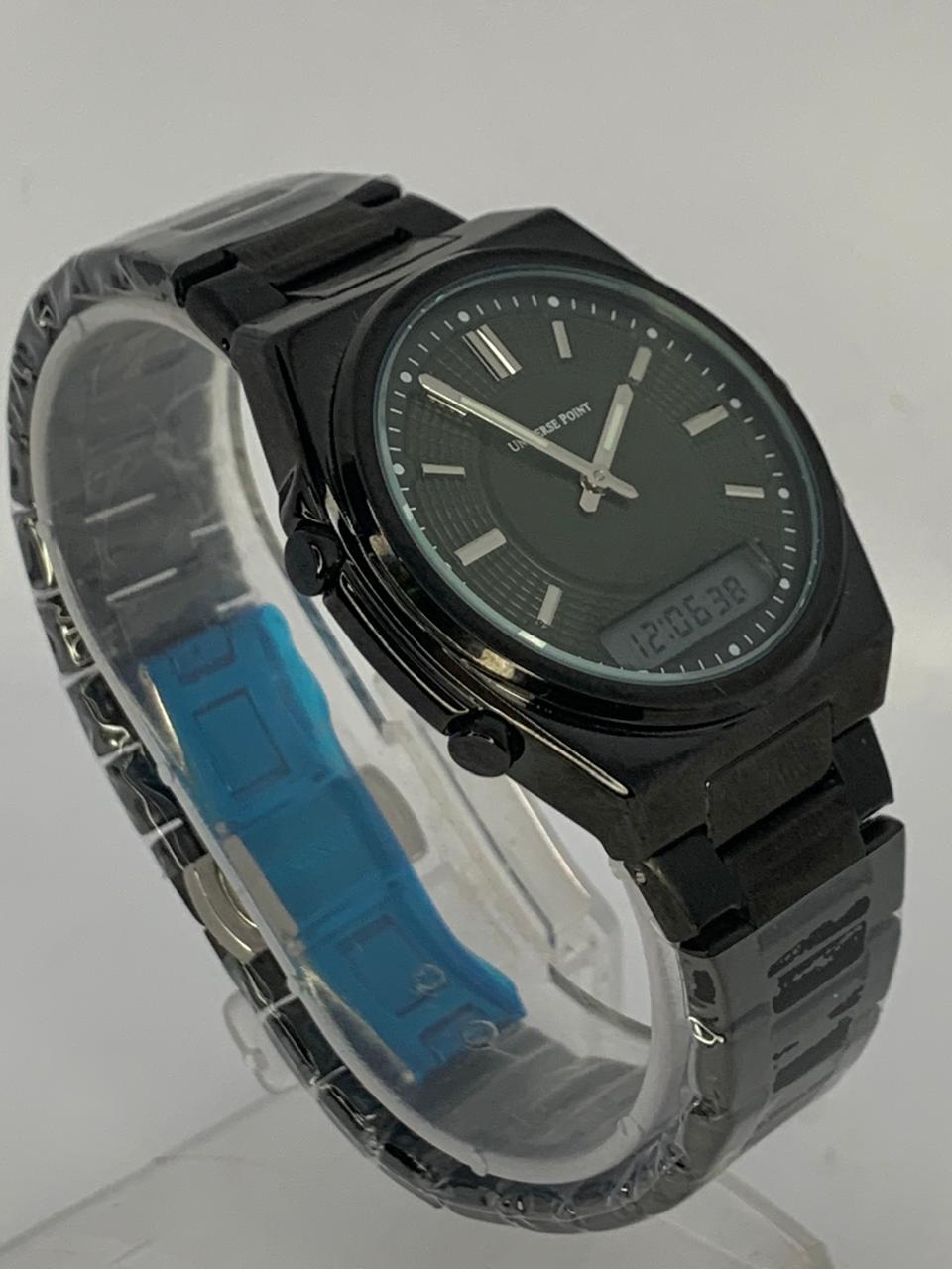 UNIVERSE POINT Tactical Dual Display Watch | All-Black Steel Strap & Dark Olive Dial
