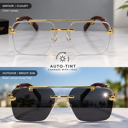 Cartier Auto-Tint Gold & Wooden Frame Sunglasses | Photochromic Rimless Shield Design