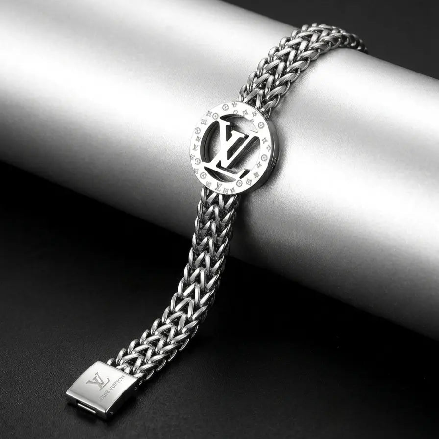 Monogram Interlocking Series | Woven Franco Mesh Bracelet with Engraved Circular Crest