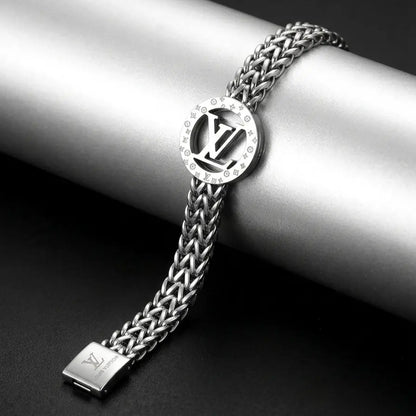 Monogram Interlocking Series | Woven Franco Mesh Bracelet with Engraved Circular Crest