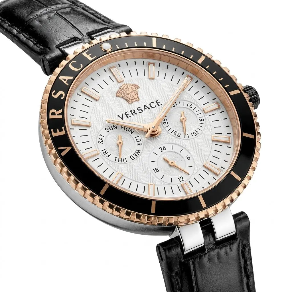 Versace Palazzo Fashion Chronograph | Working Multi-Dial Display with Alligator-Grain Strap (AWVM-00259)